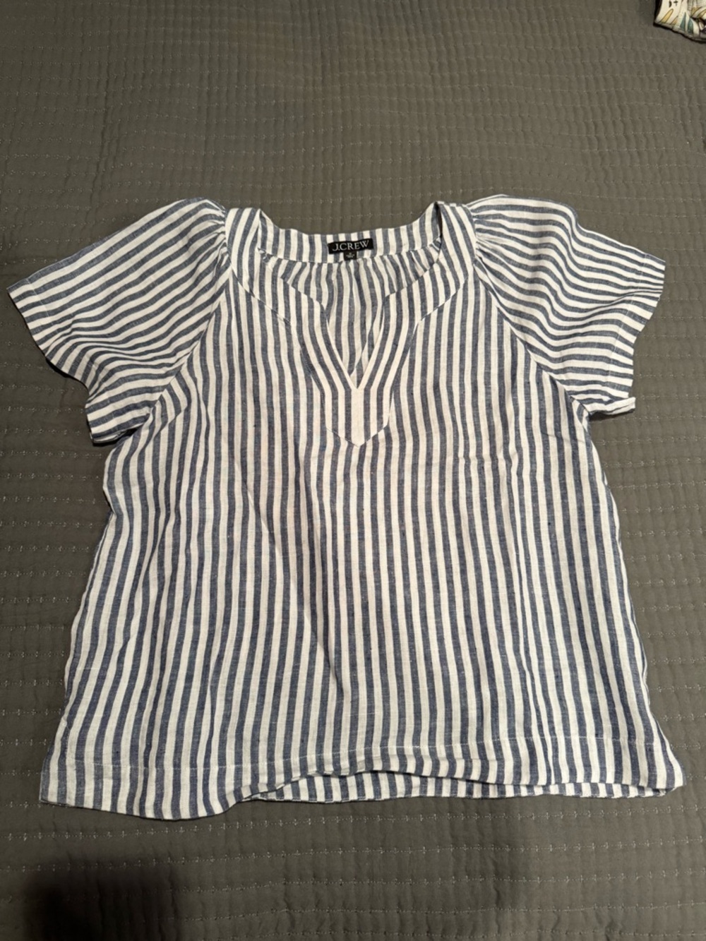 J.Crew Navy Blue and White Stripe Short Sleeve Linen Top size Medium